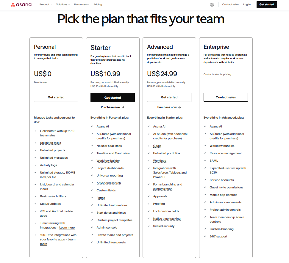 asana pricing